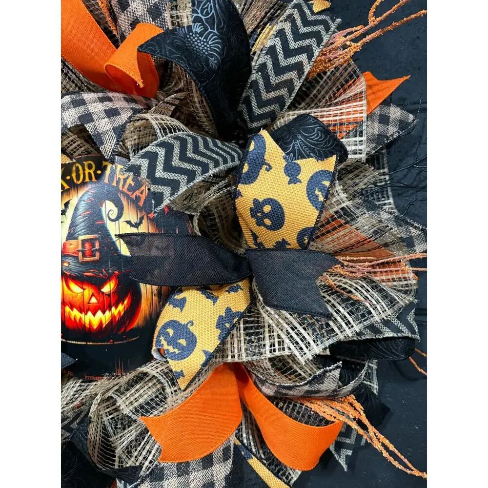 Halloween Wreath For Front Door Spooky Pumpkin Orange and Black Handmade 26 in
